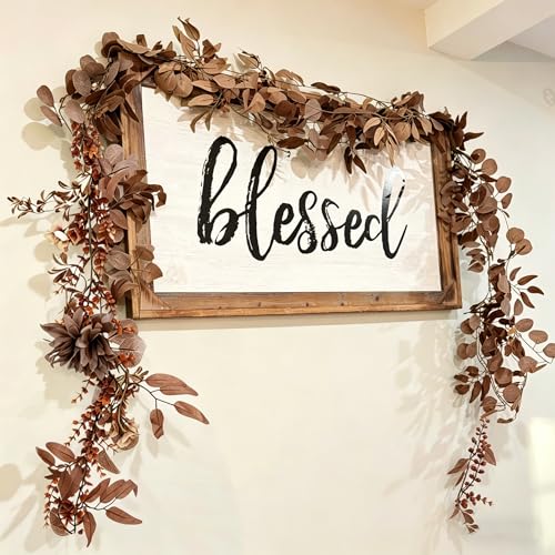 CQURE 2Pack Eucalyptus Garland,Artificial Eucalyptus Leaves Flowers Table Greenery Garland Wreath Vines for Wedding Party Fireplace Bedroom Room Decor - size: 17.7 Ft with Flowers-Brown