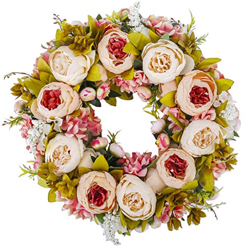 BOMAROLAN Artificial Peony Flower Wreath 19Inch Vintage Blooming Silk Peonies Spring Summer Fall Winter Large Wreaths Flower Green Leaves for Outdoor Front Door Indoor Wedding Wall Or Window Décor - color: Light Pink