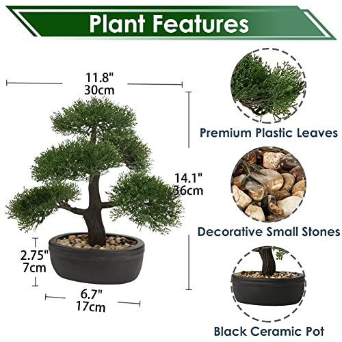 Artificial Bonsai Tree Juniper Faux Plants Indoor Small Fake Plants Decor with Black Plastic Pots for Home Table Office Desk Bathroom Shelf Bedroom Living Room Farmhouse Decorations - style: Large-Ficus