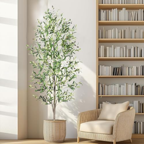 A 6-Foot Tall Artificial Indoor Olive Tree with Realistic Olive Fruits and Buds with Black pots, Suitable for Home Offices and Home Decor Gifts (Including Woven Baskets) - color: C