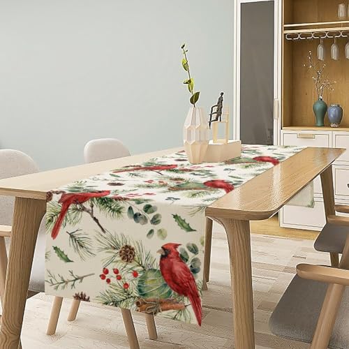 Christmas Red Cardinal Table Runner, Winter Xmas Holiday Bird Pine Leaf Branches Berries Table Runner Decoration for Banquet Home Party Kitchen Dining 13x36in - color: Christmas-1, size: 13x36in