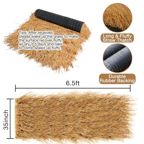 XLX TURF Artificial Thatch Grass for Tiki Bar Hawaiian Party Decorations - Fireproof Fake Hay Carpet for Country Cowboy Birthday Background - Duck Blind Grass Straw Roofing 35" x6.5' - size: 35" x 6.5'