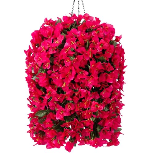 INSPRING Artificial Bougainvillea Faux Flowers Plants Baskets for Outdoor Outside Decoration, 3PCS Fake Silk Flowers Long Trailing Vines UV Resistant Realistic for Front Door Porch Patio (Hotpink) - color: Hotpink