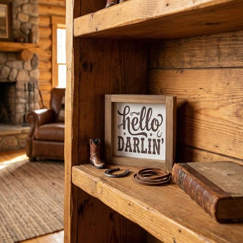 flangairy Western Wall Decor Hello Darlin Wooden Sign, 6 Inch Cowboy Southwest Wall Art, Rustic Wood Plaque for Table Desk Shelf Bathroom Bedroom Southwestern Farmhouse Home Decorations - color: hello darllin