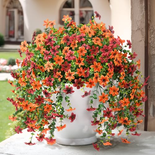 Artificial Faux Mums Fall Hanging Flowers for Outdoor Decoration,2 Pack Fake Silk Plants Daisy Realistic UV Resistant Summer Decor for Home Indoor Porch Patio Balcony Yard Autumn Decor (Brown Orange) - color: Brown Orange