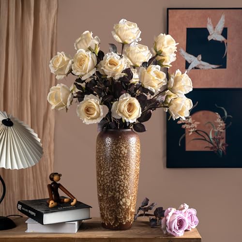 Artificial Flowers Artificial Roses 23.2In Fake Roses Long Stem Artificial Flowers for Tall Vase Silk Rose Suitable for Indoor Decor Wedding Party Decor DIY Bouquet Autumn (Milky White，20PCS) - color: Milky White