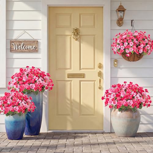 Artificial Flowers for Outdoors, 6 Bundles Silk Fake Hibiscus Flowers for Spring Summer Decoration, UV Resistant Fake Plants Plastic Bouquet for Home Planter Porch Patio Yard Decor（Double Pink) - color: Double Pink