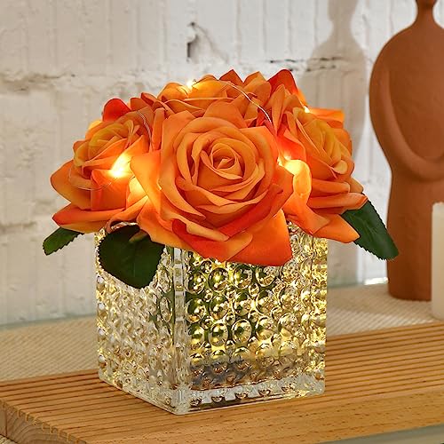 Fule Artificial Silk Rose Flower Centerpiece Arrangement in Glass Vase with LED Light for Home Wedding Decoration (Orange) - color: Z-orange