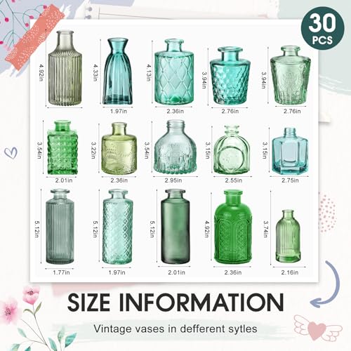 Yaomiao 30 Pcs Vases Bulk Colored Flower Glass Bud Vases Valentine Vintage Colored Glass Bottles Colorful Rustic Embossed for Home Wedding Table Decorations Gifts(Green Series) - color: Green Series
