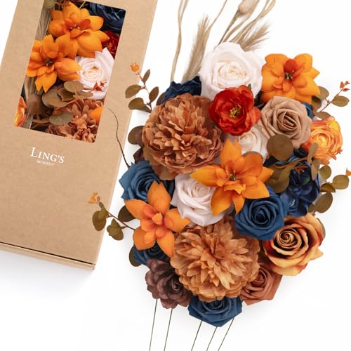 Ling's moment Fake Flowers Box, Faux Artificial Greenery Stems Foam Roses Gardenia Peony Silk Eucalyptus Pampas Fabic Flower for Centerpieces Bouquet Wedding Vase, Orange & Navy, Deluxe Combo - color: Or-orange & Navy, size: Deluxe