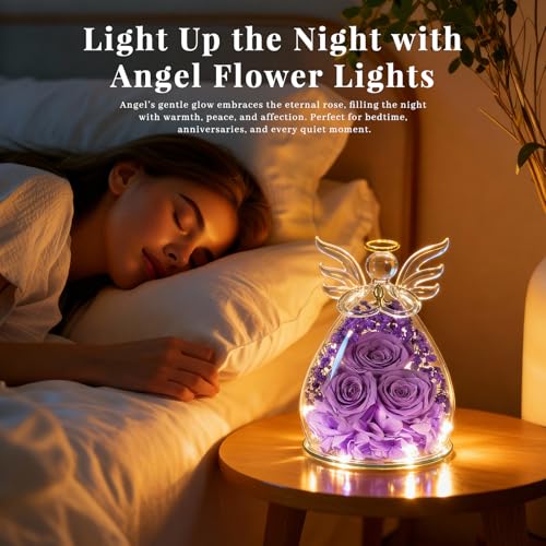 Beferr Gifts for Mom Birthday Gifts for Women, Fresh Flowers for Delivery Forever Preserved Rose in Glass Angel Figurine, Anniversary Christian Real Rose for Grandma Wife Mother from Daughter Son - color: H Lavender Purple