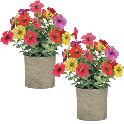 2 Pack Small Fake Plants Potted Artificial Plants Artificial Flowers Potted Faux Flower Daisy with Eucalyptus Leaves for Home Decor Office Room Farmhouse Indoor Table Bathroom Decor（Colorful） - color: Colorful