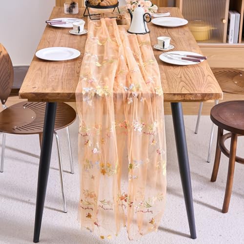 vctops 2 Packs Embroidery Lace Fall Table Runner 10ft Floral Garden Seasonal Tulle Table Runner Holiday Kitchen Dining Table Decoration for Wedding Party Baby Shower Birthday (Orange,30"x120") - color: Orange