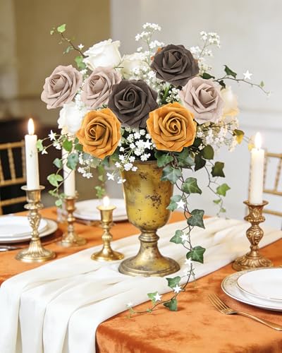 DuHouse 25Pcs Artificial Roses Flowers Fake Roses with Stems Real Touch Foam Flowers for DIY Wedding Bouquet Centerpiece Floral Arrangement Party Home Decor(Ivory Beige) - color: Ivory Beige, size: 25pcs