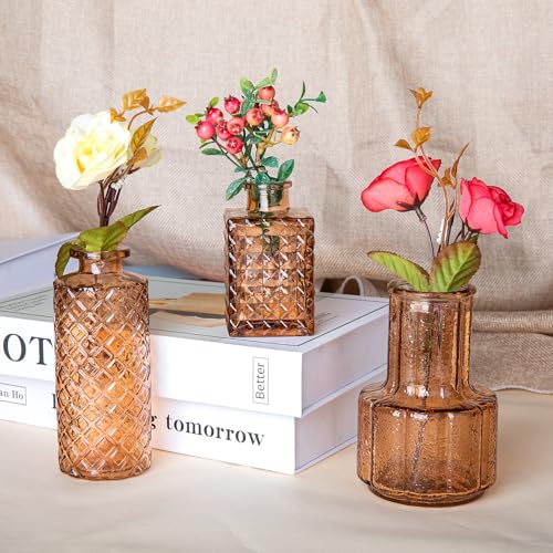 Gold Amber Glass Bud Vase Set of 12, Small Vintage Flower Bottle Petite Glass Flower Vase for Floral Arrangements, Decorative Centerpiece,Table Decor,Home Wedding Party - color: Amber