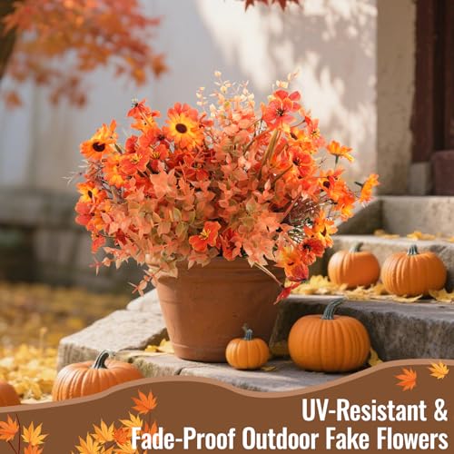 18 Bundles Artificial Fall Flowers for Outdoor Decor - UV Resistant Fake Mums Daisy & Faux Eucalyptus Plants for Indoor，Outdoor Autumn Decorations, Porch, Garden, Fireplace, Thanksgiving Window Box - color: Fall a