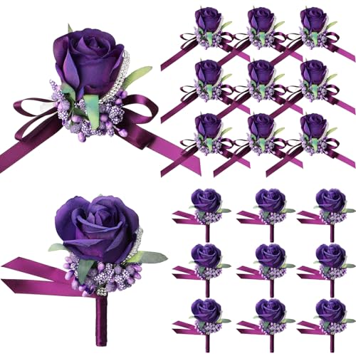 Geosar 20 Pcs Wedding Corsage and Boutonniere Set Homecoming Artificial Corsage Wristlet and Boutonniere for Men Women Bride Bridesmaid Wedding Flowers Accessories Prom Suit Decorations (Purple) - color: Purple
