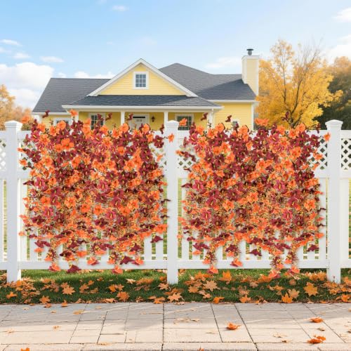 INQCMY Artificial Fake Fall Flowers Plants for Outdoor Decoration,2 PCS Faux Silk Morning Glory with Eucalyptus Leaves,UV Resistant Realistic Outdoor Flowers for Balcony Porch Patio Yard Garden - color: Fall Orange Brown