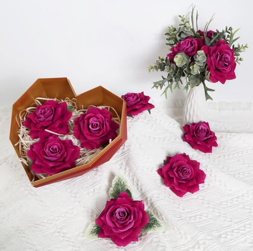 Hot Pink Roses 16pcs Artificial Velvet Roses Head Bulk Silk Flowers 4.3" Hot Pink Artificial Roses with Stems for Wedding Flowers for Centerpieces Home Party Decor (Hot Pink) - color: 4.3" Hot Pink