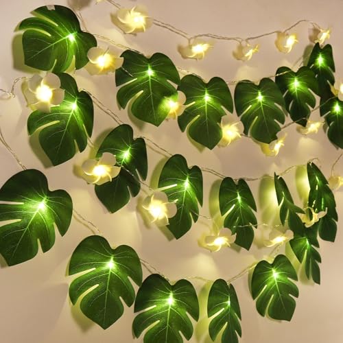 RECUTMS Monstera Leaf String Lights Artificial Foam Plumeria Tropical Palm Leaves Flower 40 LED Battery Operated Fairy Light Hawaiian Luau Beach Party Summer Decorations Outdoor Indoor(White+Green) - color: Green+white