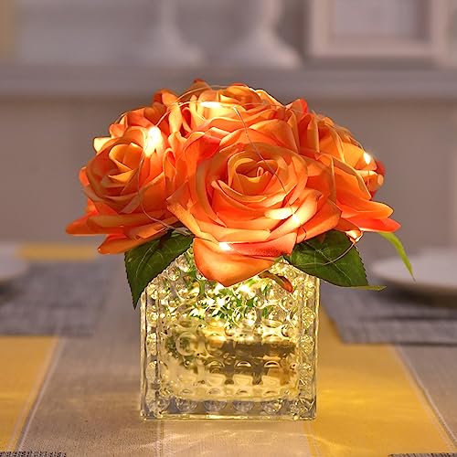 Fule Artificial Silk Rose Flower Centerpiece Arrangement in Glass Vase with LED Light for Home Wedding Decoration (Orange) - color: Z-orange