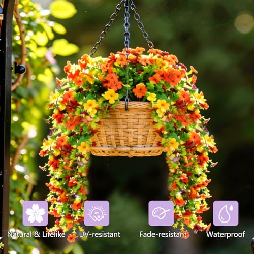 CCILAND 2 PCS Artificial Hanging Flowers for Outdoors, Fake Flower Plants UV Resistant Faux Hanging Spring Flowers for Home Porch Garden Patio Yard (Orange and Yellow) - color: Orange and Yellow