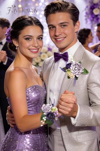 Rose Purple Corsage and Boutonniere Set for Wedding Prom(Set of 2),Artificial Flower Wrist Corsage Bracelets for Women Homecoming, Boutonniere for Men Suit Decorations Party Anniversary - color: Purple, size: 1 Corsage & 1 Boutonniere