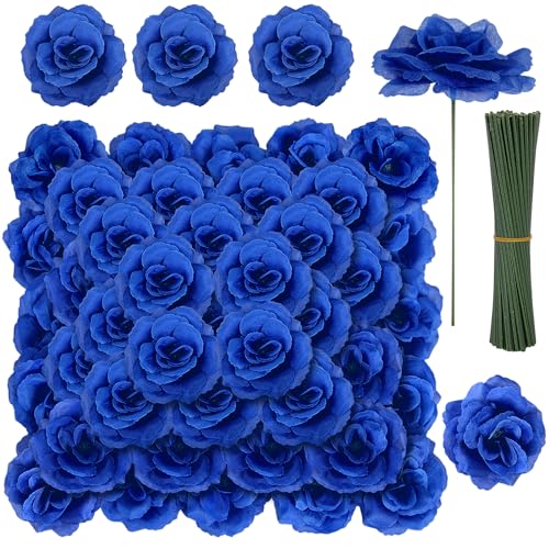 LELEE 108pcs Roses Head Flowers with Stem - Royal Blue Artificial Flowers Rose Bulk - Silk Rose Fake Flower for Wedding Bouquet Party Home Decor DIY Baby Shower Centerpieces Tables Decoration - color: Blue