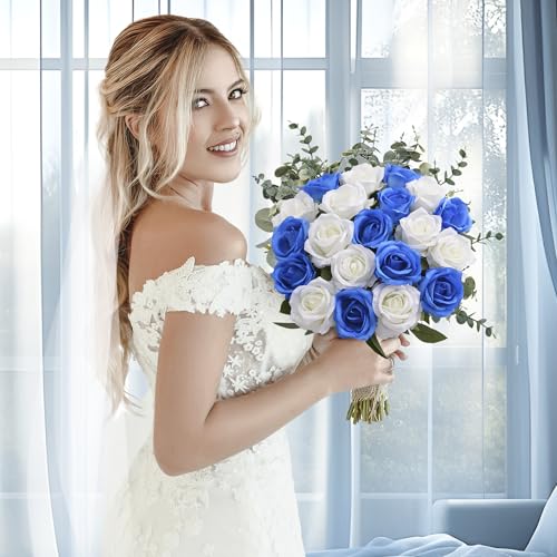 20PCS Artificial Roses with Long Stems - Realistic Silk Flowers, Fake Roses Real Touch Bouquet Roses for Home Decor, Bridal Wedding Table Centerpieces, Faux Rose Flowers (White&Royal Blue) - color: White&royal Blue, size: 20 PCS