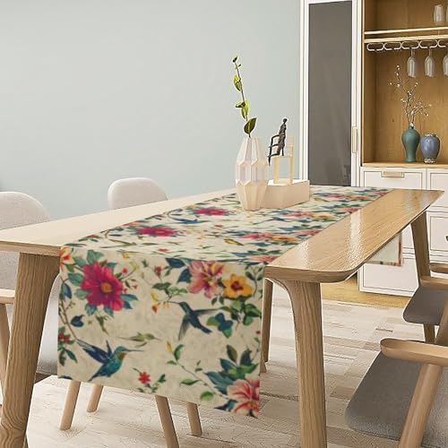 Summer Bird Floral Table Runner,Spring Birds Table Runner Burlap Table Decoration for Seasonal Home Kitchen Dining Dinner Indoor Holiday Farmhouse Decor 13x36 Inch - color: Bird_7, size: 13x36inch