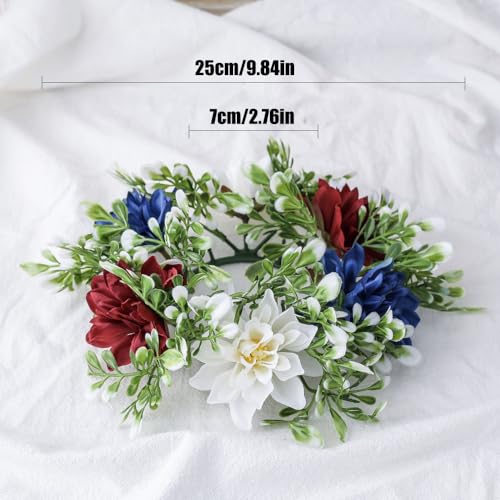 4th of July Candle Rings Artificial Flower Wreath Red Blue White Patriotic Candle Holder 9.84" Tables Centerpieces Home Farmhouse Decor for Independence Day Memorial Day - color: 4th of July