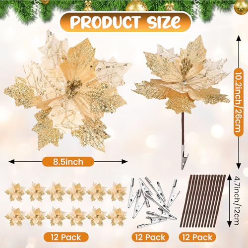 Deekin 12 Pcs 8.5 Inch Poinsettia Artificial Christmas Large Flower with Clips and 4.72 Inch Floral Picks Christmas Tree Decoration Fake Poinsettias Ornaments DIY Xmas Wreath Party Decor(Gold)