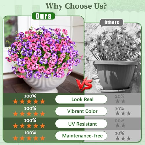 MARTINE MALL 18 Bundles Look Real Artificial Flowers for Outdoors, Realistic Fake Outdoor Flowers, UV Resistant Silk Pansy Flowers for Outside Faux Flowers Plants for Outdoor Porch Patio, Pink+Purple - color: Pink+purple, size: 18 Bundles