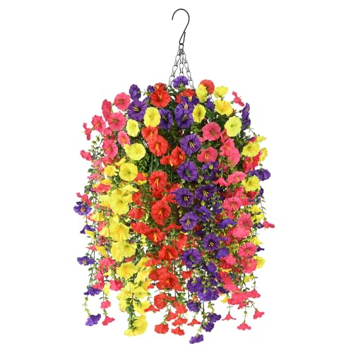 Homsunny Artificial Fake Hanging Flowers Plants Baskets for Outdoor Spring Decoration, Faux Morning Glory Silk Flower for Outside Realise UV Resistant Patio Yard Porch Balcony Home Decor (Mixed 1) - color: Mixed 1