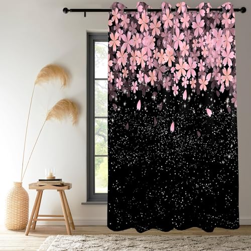 Renaiss Pink Cherry Patels Blackout Curtains, Japanese Cherry Flowers Thermal Insulated Bedroom Window Curtains, Black Floral Bossom Window Curtains for Kitchen, 45" L x 29" W 2 Panel Set - color: Black & Pink, size: 29"W x 45"L (Pack of 2)