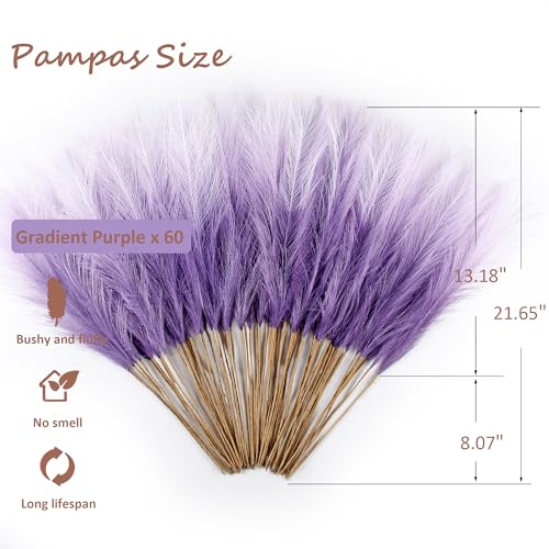 60Pcs Purple Gradient Faux Pampas Grass Decor, 21.7" Pompas Grass Flower Arrangement and Vase Filler for Boho Home Wedding Decoration - size: 21.7'' Tall Purple Gradient