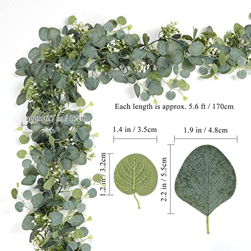 TOCHGREEN 4 PCS Artificial Eucalyptus Garland 5.9FT Faux Silver Dollar Greenery Garland Vines with White Flower Boxwood Fake Hanging Plants for Wedding Home Party Table Mantle Wall Decor - color: 4pcs
