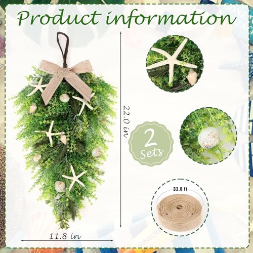 2 Pcs 24"Coastal Teardrop Swag Beach Seashell Starfish Wreath with Green Leaves for Front Door Wedding Farmhouse Starfish Conch Shells Wreath for Indoor Outdoor Spring Summer All Seasons Home Decor ﻿ - color: Starfish Swags