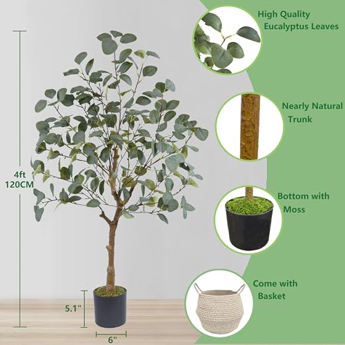 Warmplants Artificial Eucalyptus Tree, 4ft Tall Green Silk Leaves Perfect Faux Plant with Basket, Mordern Fake Eucalyptus Trees for Indoor Outdoor Home Office Livingroom Floor Décor - size: 4ft