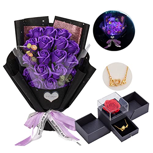 EIGHTOWN Roses Bouquet Artificial Flower - Preserved Purple Rose Flowers with Love Necklace for Her - Unique Gifts Valentine's Day, Mother's Day, Thanksgiving, Birthday, Anniversary - color: Romantic Purple
