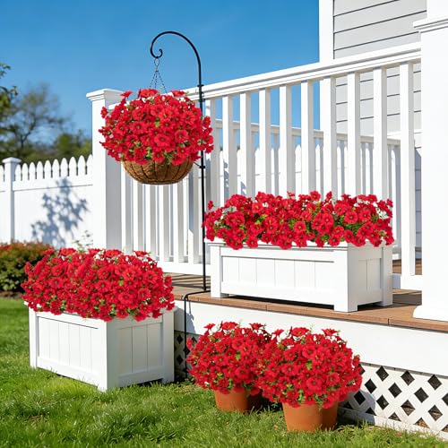 Roberly 12 Bundles Artificial Flowers for Outdoors, Fake Flowers Silk Morning Glory with Eucalyptus UV Resistant Faux Plants for Spring Summer Garden Outside Porch Patio Yard Home Decor, Red - color: Red