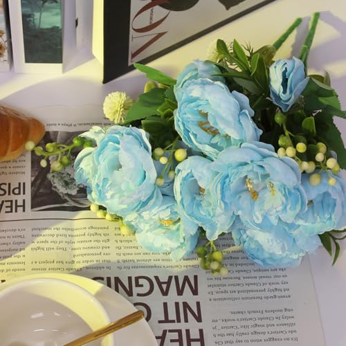 8 Bundles Peonies Artificial Flowers Blue Fake Silk Peonies Bouquet Faux Peonies Flowers Bulk for Home Decoration Vase Florals Arrangements Wedding Party Table Centerpiece - color: Light Blue
