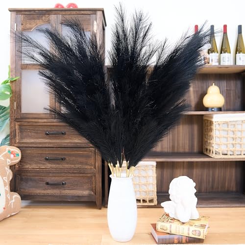 Premium Faux Black Pampas Grass Decor 8pcs 43.3″ – Jet Black Tall Dramatic Feather Flowers, No Assembly 18-Branch One-Piece Stems for Modern Gothic Wedding & Luxe Home Decor, Floor Vase Statement - color: Faux Black, size: 8pcs 43.3"(110cm)