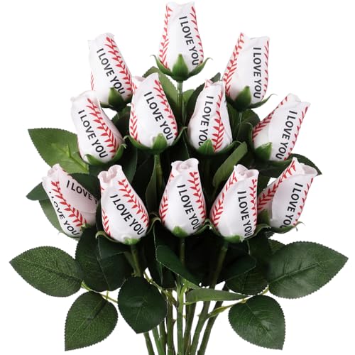 Suhine 12 Pcs Artificial Baseball Rose Flower Gifts for Father's Day Flower Coach Boyfriend Boyfriend Sports Party Favors Bulk for Birthday Wedding Party Centerpieces(Love Color, Normal) - color: Love Color, size: Normal