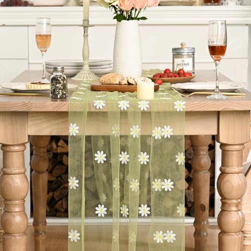 Artoid Mode Fern Green Daisy Gauze Embroidery Table Runner 120 Inch 10FT, Tulle Seasonal Spring Kitchen Dining Holiday Table Decor for Home Party - color: Fern Green