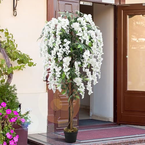 Thiccywoov 1 Pack 5ft Artificial Wisteria Tree Tall Fake Tree with Cement Base Pot Faux Floor Plant Decoration for Indoor Outdoor Home Office Housewarming Gift(White) - color: White