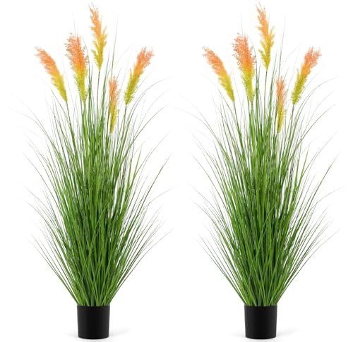 Thiccywoov 2 Pack 4 ft Tall Artificial Grass Plant Outdoor Faux Pampas Grass Potted Ornamental Plant UV Resistant Boho Fake Greenery Shrubs for Housewarming Patio Porch Entryway Balcony Indoor Decor - size: 4 ft