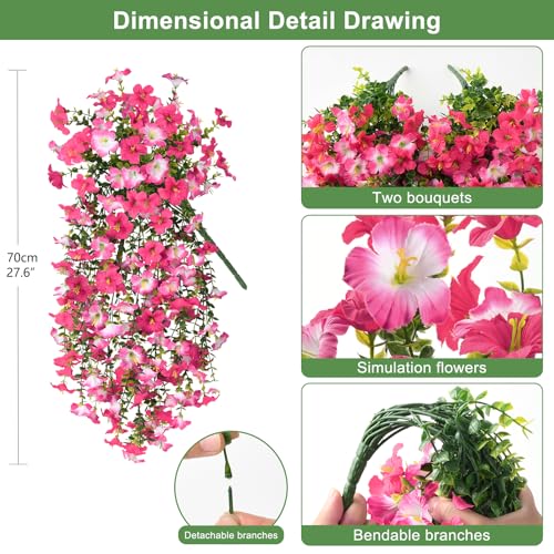 Artificial Fake Flowers Plants for Outdoor Spring Summer Decoration,2 PCS Faux Silk Morning Glory with Eucalyptus Leaves,UV Resistant Realistic Outdoor Flowers for Balcony Porch Patio Yard Garden - color: Rose Red Pink