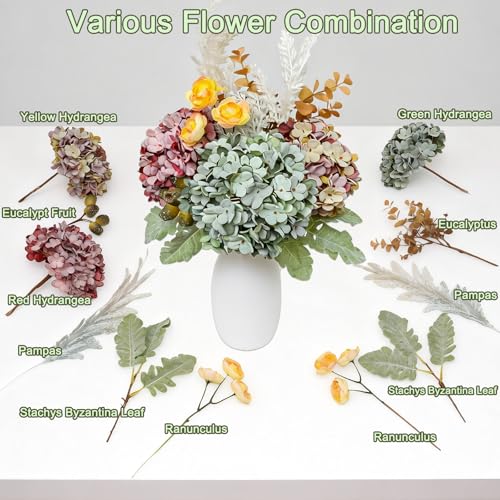 Hydrangea Artificial Flowers Bouquet, Pre-Arranged Fake Flowers Bouquet with Ranunculus, Eucalyptus, Pampas, Real Touch Silk Flowers for Centerpiece Shelf Table Wedding Home Decor
