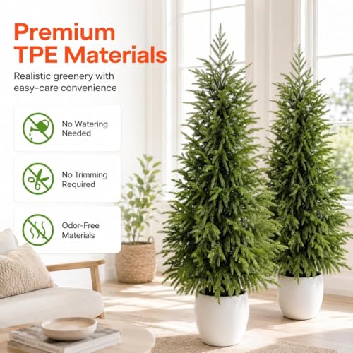 5FT Lighted Topiary Trees Artificial Outdoor Set of 2, UV-Resistant Artificial Outdoor Trees, Tall Pre Lit Faux Evergreen Topiary Trees with Planters for Front Porch Entryway Patio Decor
